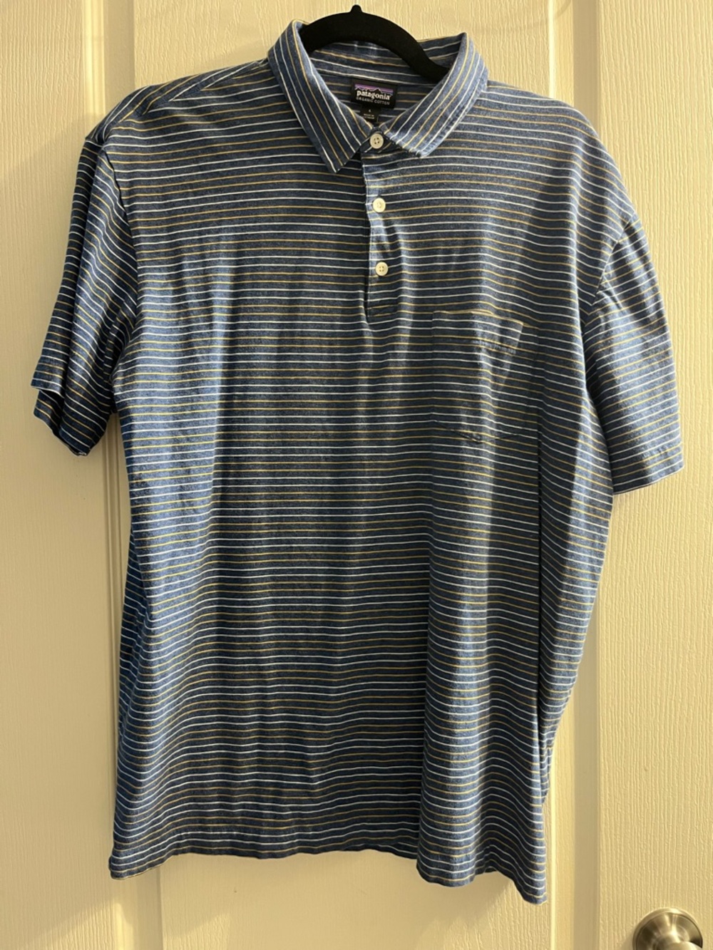 Patagonia Polo Striped Blue Yellow White L Short Sleeve Collared Button Logo Men